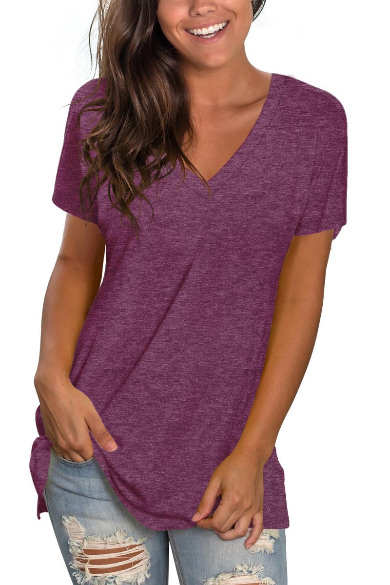 Sipaya Casual V Neck T Shirts for Women Short Sleeve Plain T-Shirts Fuchsia 2XL - Image 1